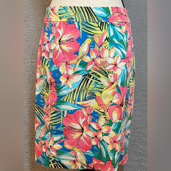 LOFT Pink and Blue Knee-Length Pencil Skirt tropical print pink birds size 12 - Picture 2 of 9